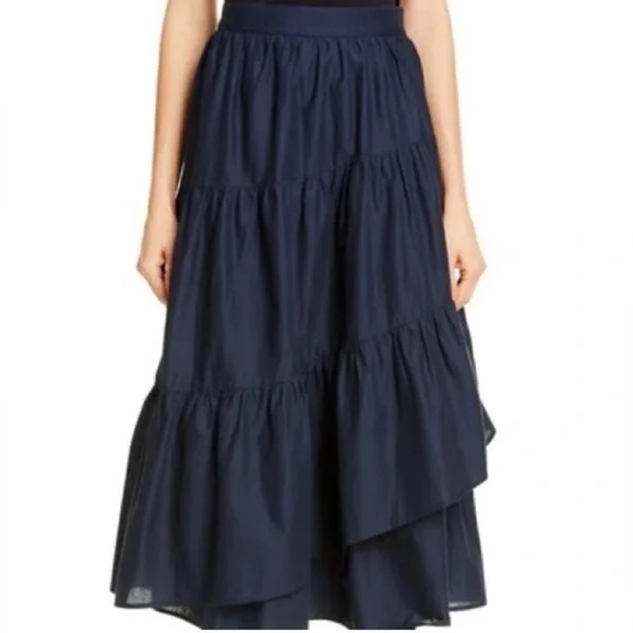 Merlette Tiered Wrap Skirt Size 6 Navy Cotton Poplin Midi Boho - Picture 5 of 11